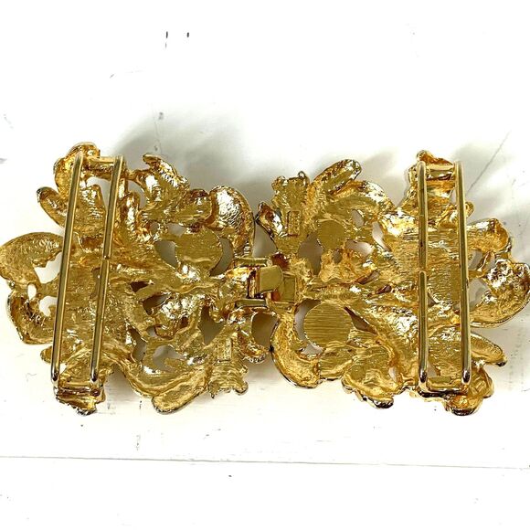 Vtg Mimi Di N Signed 1987 Gold Tone 2 Piece Leaves Faux Pearl Buckle Belt 34.5" - Picture 5 of 9